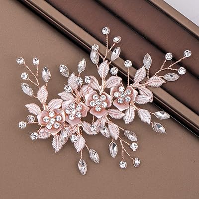 MEITREND Rose Gold Rhinestone Flower Hair Clip Handmade Bridal Wedding Hair