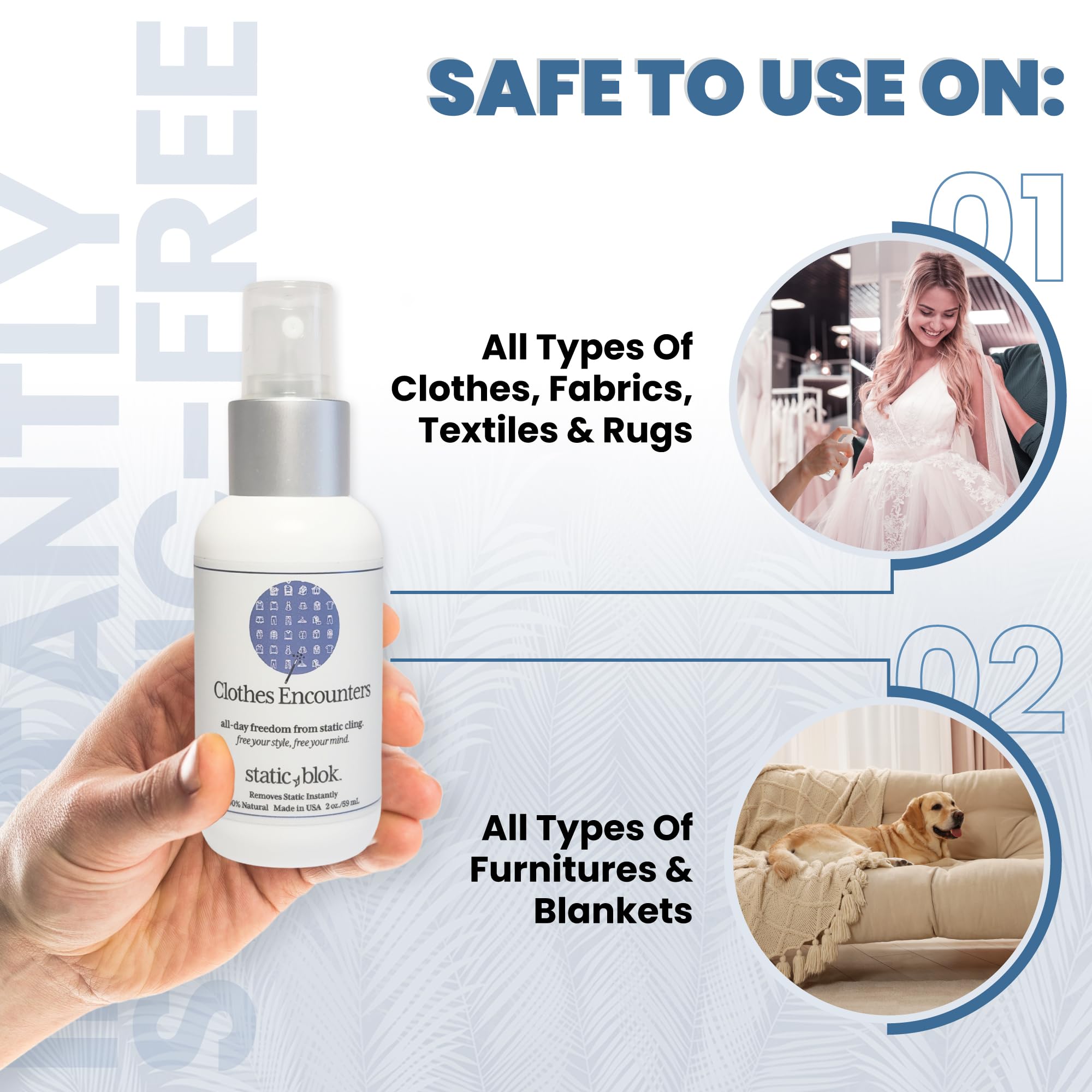 Static Blok Anti-Static Spray for Clothes - Instantly Eliminate Static Cling, Flyaways, and Shocks from Clothes, Fabrics, Linens, Blankets & Rugs- All-Natural Formula - Lasts All Day- 2oz Travel Size