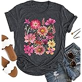 OCURHU Womens Boho Shirts Vintage Floral Tshirt Cottagecore Wildflowers Graphic Tees Bohemian Short Sleeve Tops
