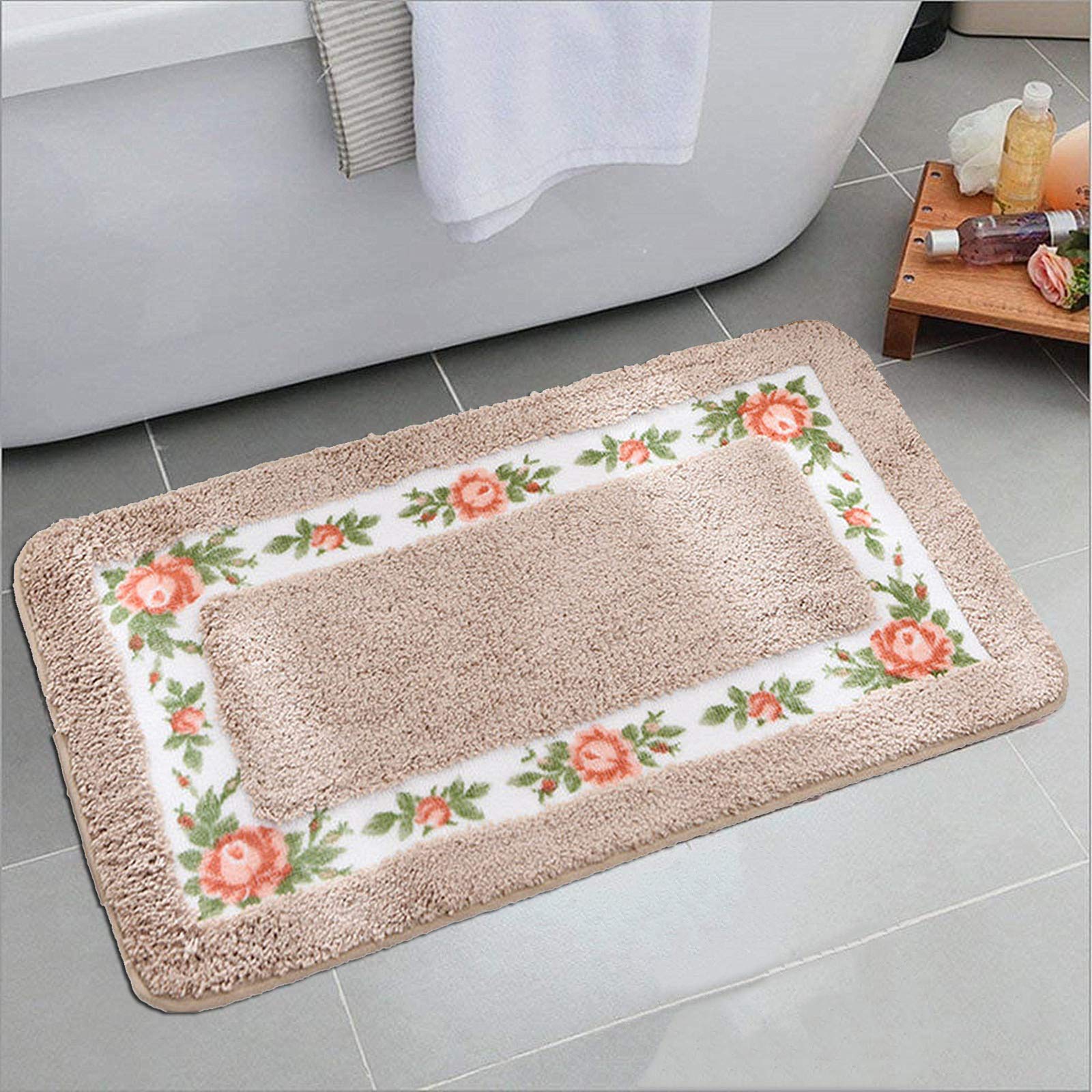 UKELER Absorbent Bathroom Rug Mat Shaggy Floral Rose Bath Rugs Washable Non-Slip Bathroom Mat for Home and Hotel, 17.7''x29.5''