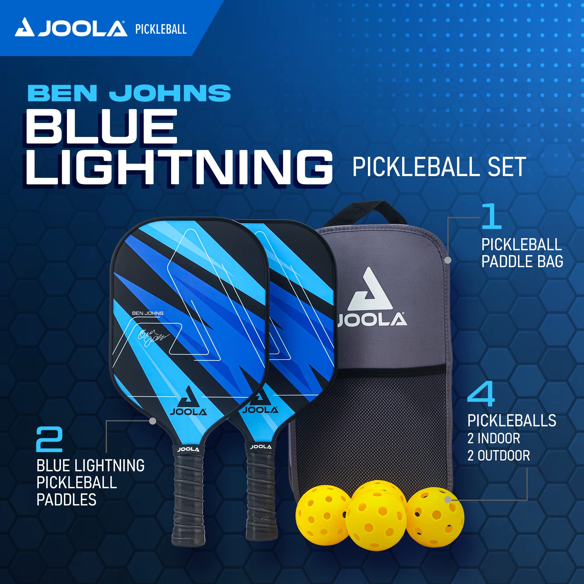 JOOLA Pickleball Paddles Set of 2 – Multiple Colors - Reinforced Fiberglass Surface – Lightweight, Durable, Beginner-Friendly Racket Design – Set Includes Balls & Bag – USAP Approved