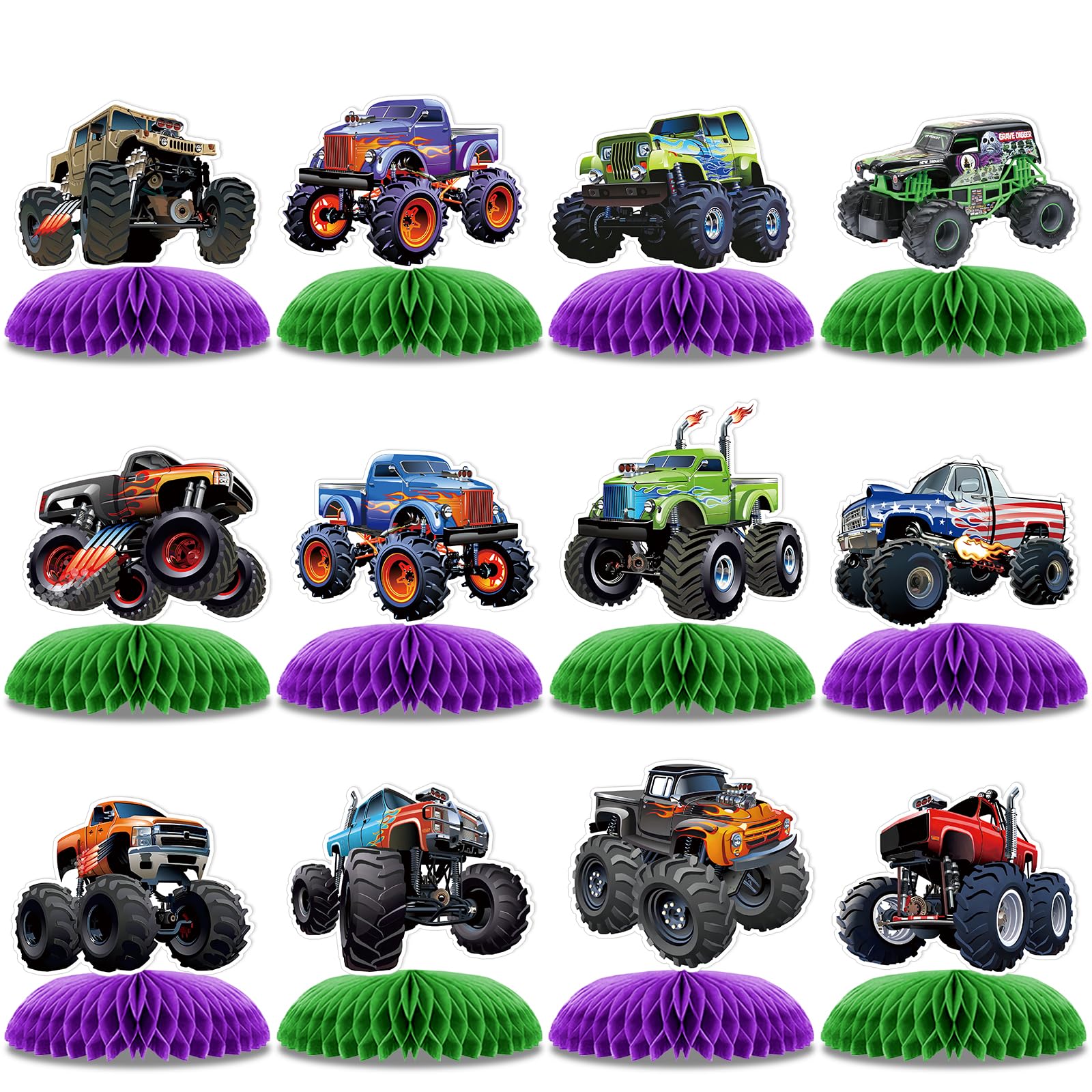 Photo 1 of 12 PCS Monster Truck Party Table Decorations, Monster Truck Birthday Honeycomb Centerpiece, Racing Car Theme Birthday Decoration for Boys Girls Baby Shower Kids Cake Decorations Party Supplies