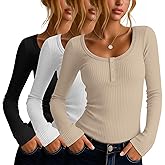 Velvelhall 3 Pack Women's Long Sleeve Henley T Shirts Button Down Scoop Neck Slim Fit Ribbed Knit Casual Clothes Layer Tops