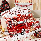 Breling Happy Valentine's Day Throw Flannel Blanket Red Truck Heart Cozy Fuzzy Warm Throw Blanket with Valentine's Themed Print Gift for Couch Sofa Bed Home Decor 60"x50"