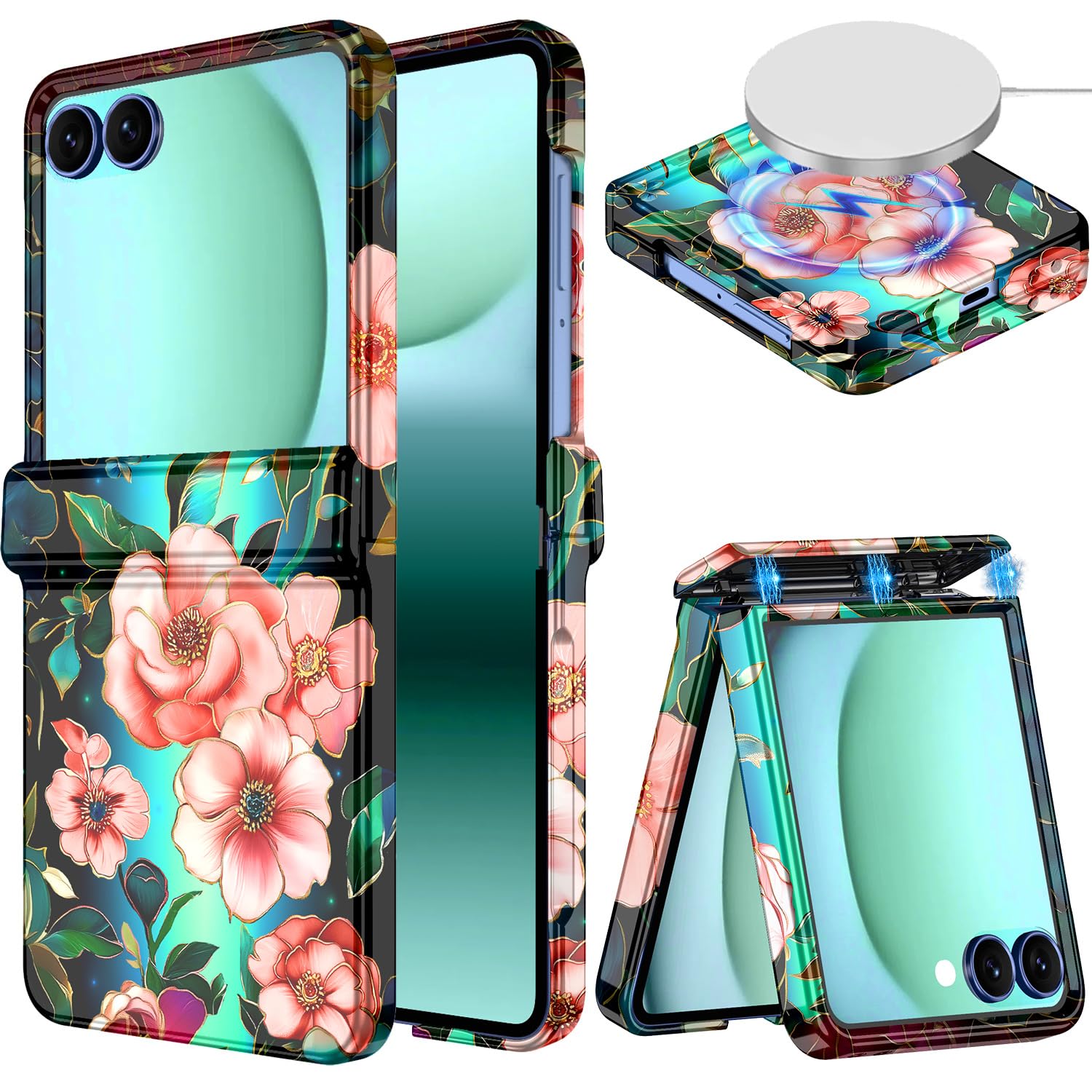 Hekodonk for Galaxy Z Flip 7 Case,[Compatible with MagSafe][Built-in Screen Protector][Hinge Protection],Magnetic Slim Shockproof Women Girls Case for Samsung Galaxy Z Flip 7,All Green