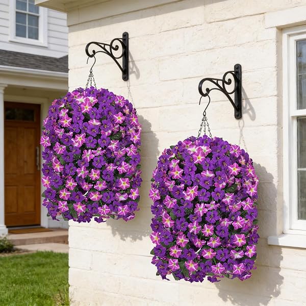 HYEFLORA ARTIFICIAL FLOWERS WITH BASKET FOR OUTDOORS, 3PCS FAUX HANGING MORNING GLORY SILK FAKE FLOWERS LIFELIKE PLANTS UV RESISTANT FLOWERS FOR OUTSIDE PLANTER PATIO GARDEN PORCH DECOR (PURPLE RED)