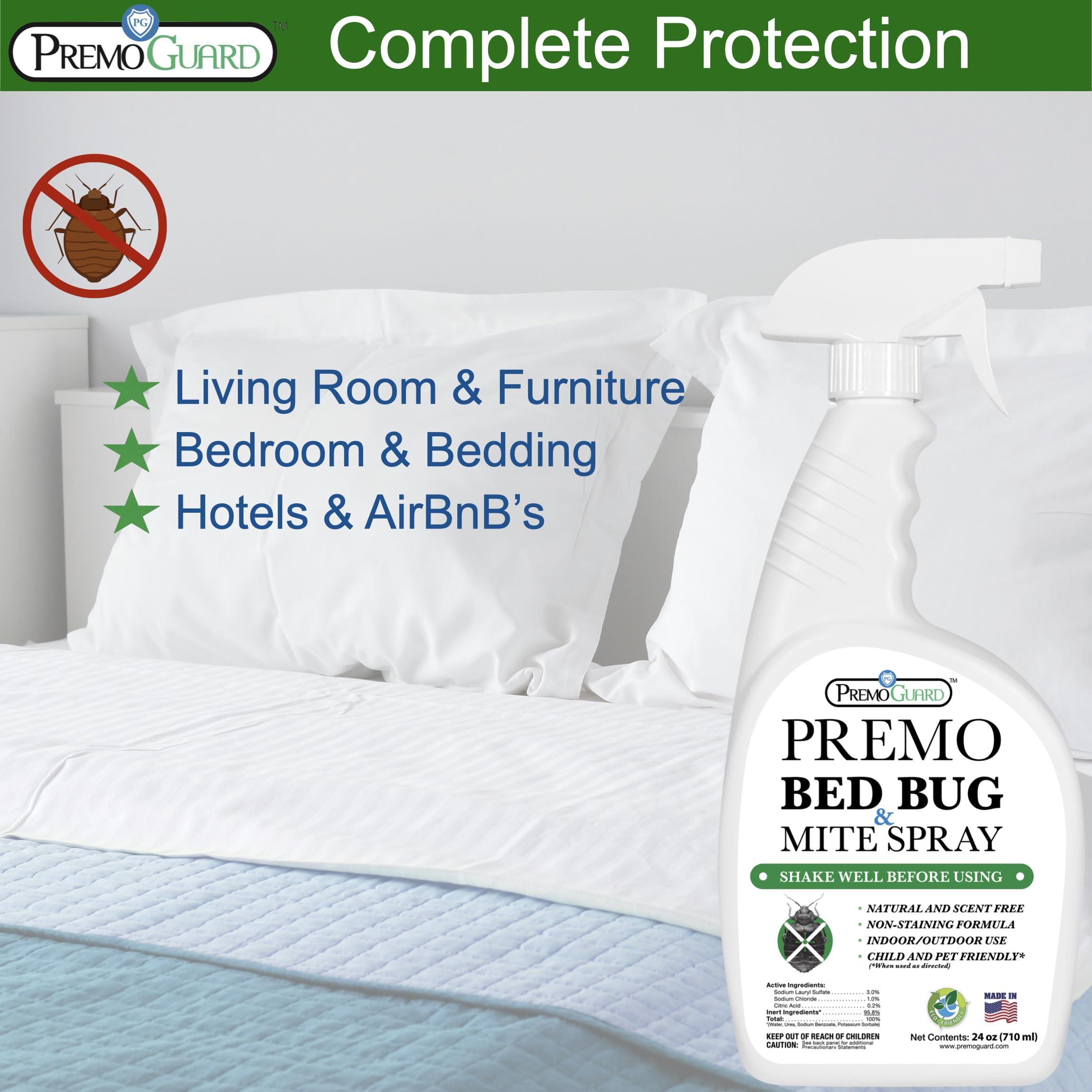 Premo Guard Bed Bug Killer Spray 24 oz - University Tested 100% Kill Rate - Natural Non Toxic, Stain & Scent Free - Kill Bedbugs & Mites On Bed & Blankets, Furniture, Clothing - Child & Pet Safe