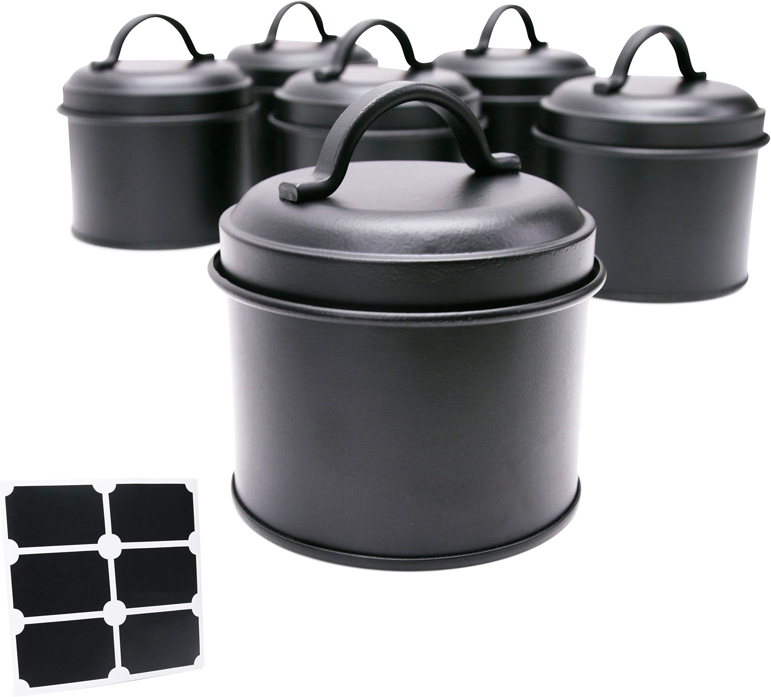Spice Tins with Lids and Chalkboard Sticker Labels - Set of 6 - Rustic Black Carbon Steel Knick-Knack Containers - Reusable Labeled Multi-Use Arts & Crafts Jars - Storage Organizer - Candle Making Can