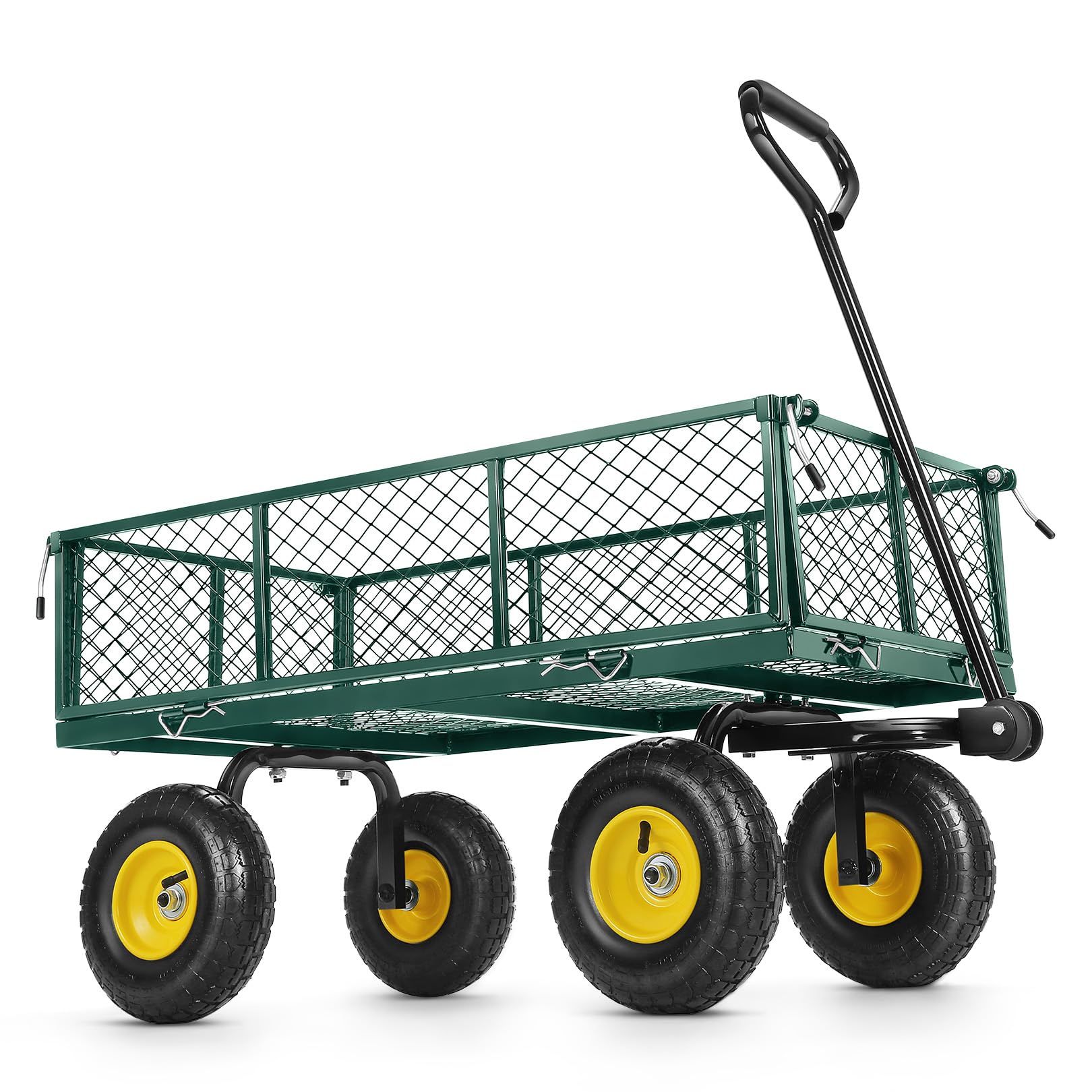 TEANDE 680Lb Garden Cart with Removable Mesh Sides to Convert into Flatbed, Utility Metal Wagon with 180° Rotating Handle, 10 inch Tires, Portable for Yard, Farm, Beach (Green, Without Oxford Cloth)