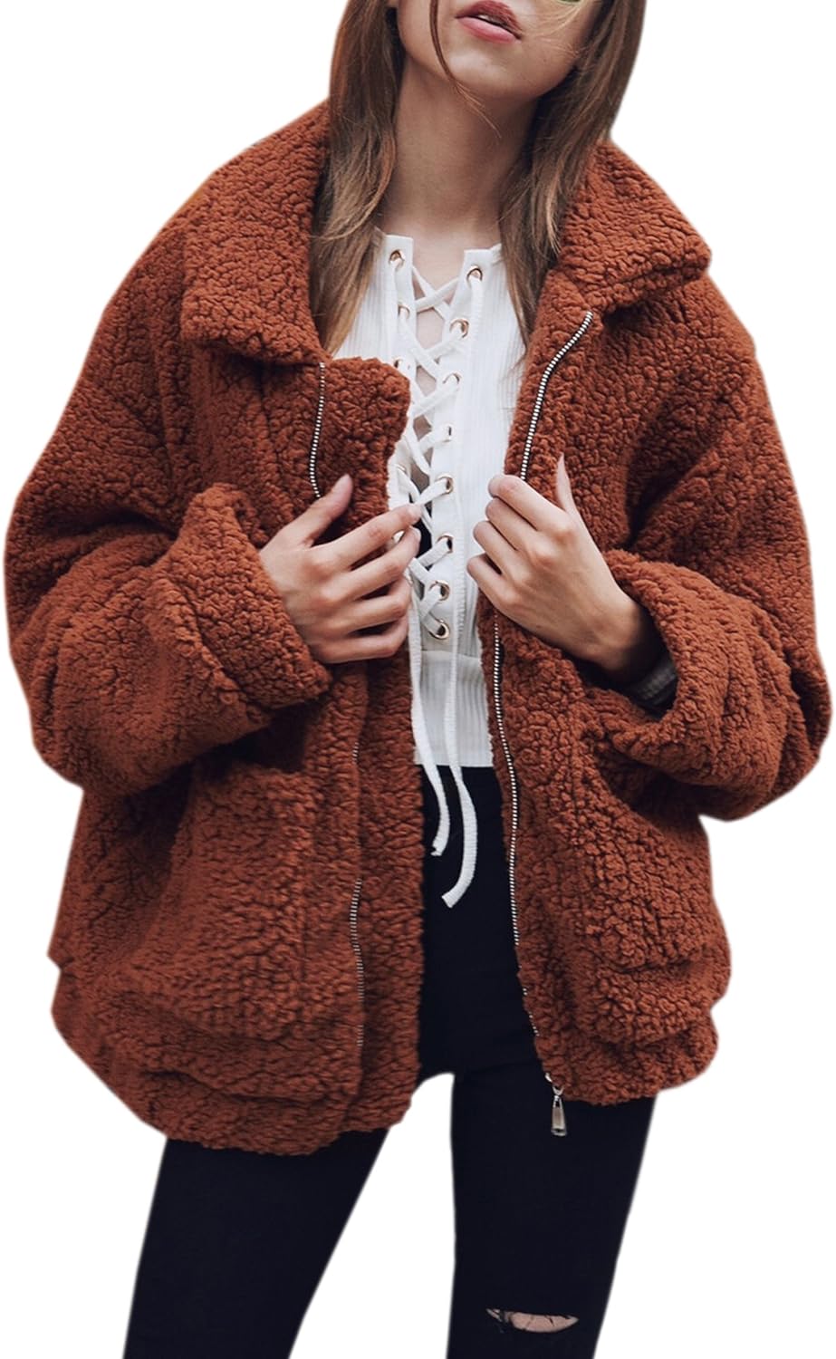 ECOWISH Women's Coat Casual Lapel Fleece Fuzzy Faux Shearling Zipper Warm Winter Oversized Outwear Jackets