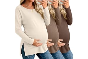Riyiper 3 Pack Women's Maternity Long Sleeve T-Shirts Round Neck Side Split Tops Loose Casual Pregnancy Mama Clothes Fall