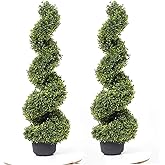 35 Inch Artificial Boxwood Topiary Tree Spiral Plants Fake Faux Plant Decor in Plastic Pot Green Indoor or Outdoor, Set of 2