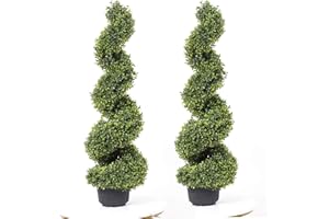 MOMOPLANT 35 Inch Artificial Boxwood Topiary Tree Spiral Plants Fake Faux Plant Decor in Plastic Pot Green Indoor or Outdoor, Set of 2