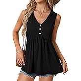 Rooscier Women's Ruffle Hem V Neck Sleeveless Button Casual Tank Top Cami Shirt Black Large