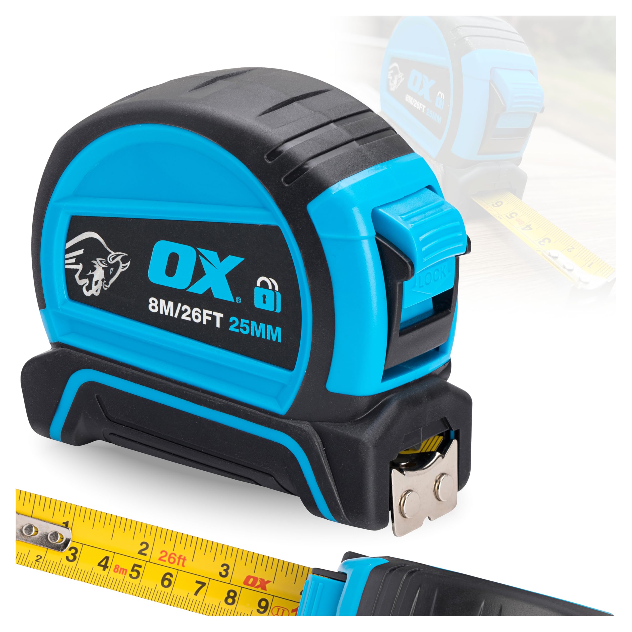 OX Pro Dual Auto Lock Tape Measure - 8m, Blue