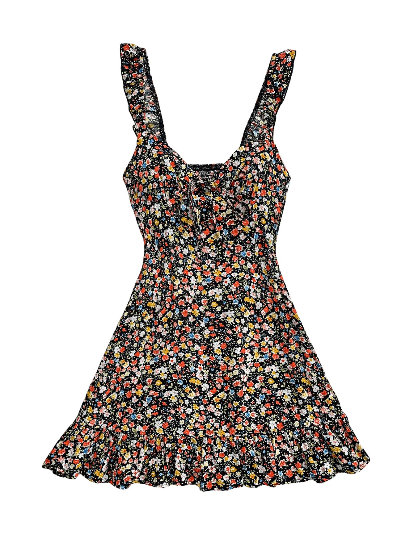 Photo 1 of Floerns Women's Ditsy Floral Print Cami Dress Tie Front Vacation A Line Mini Dress Black Medium