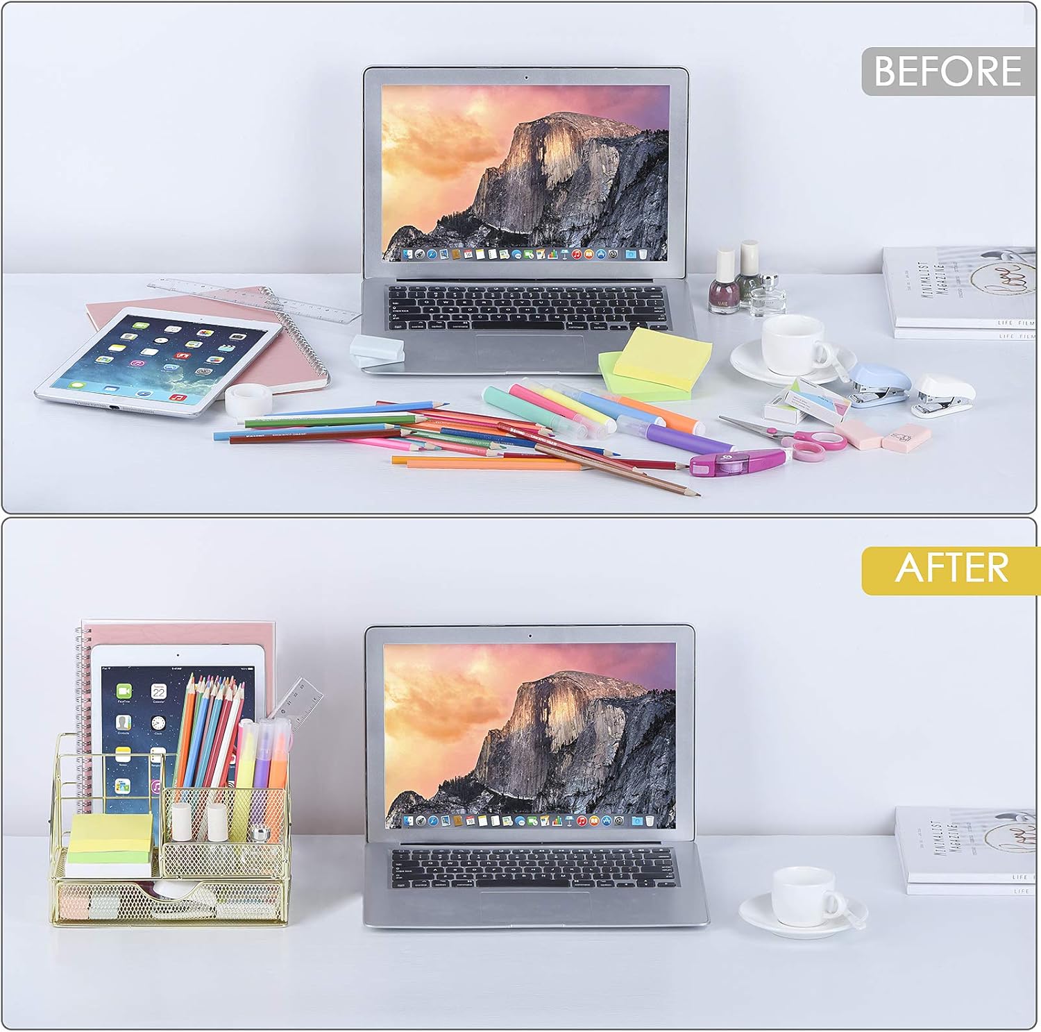 Upgraded Desk Organizer for Women, Cute Mesh Office Supplies Accessories Essentials Caddy with Drawer for Home & Office Desktop Organization & Decor, Gold : Office Products