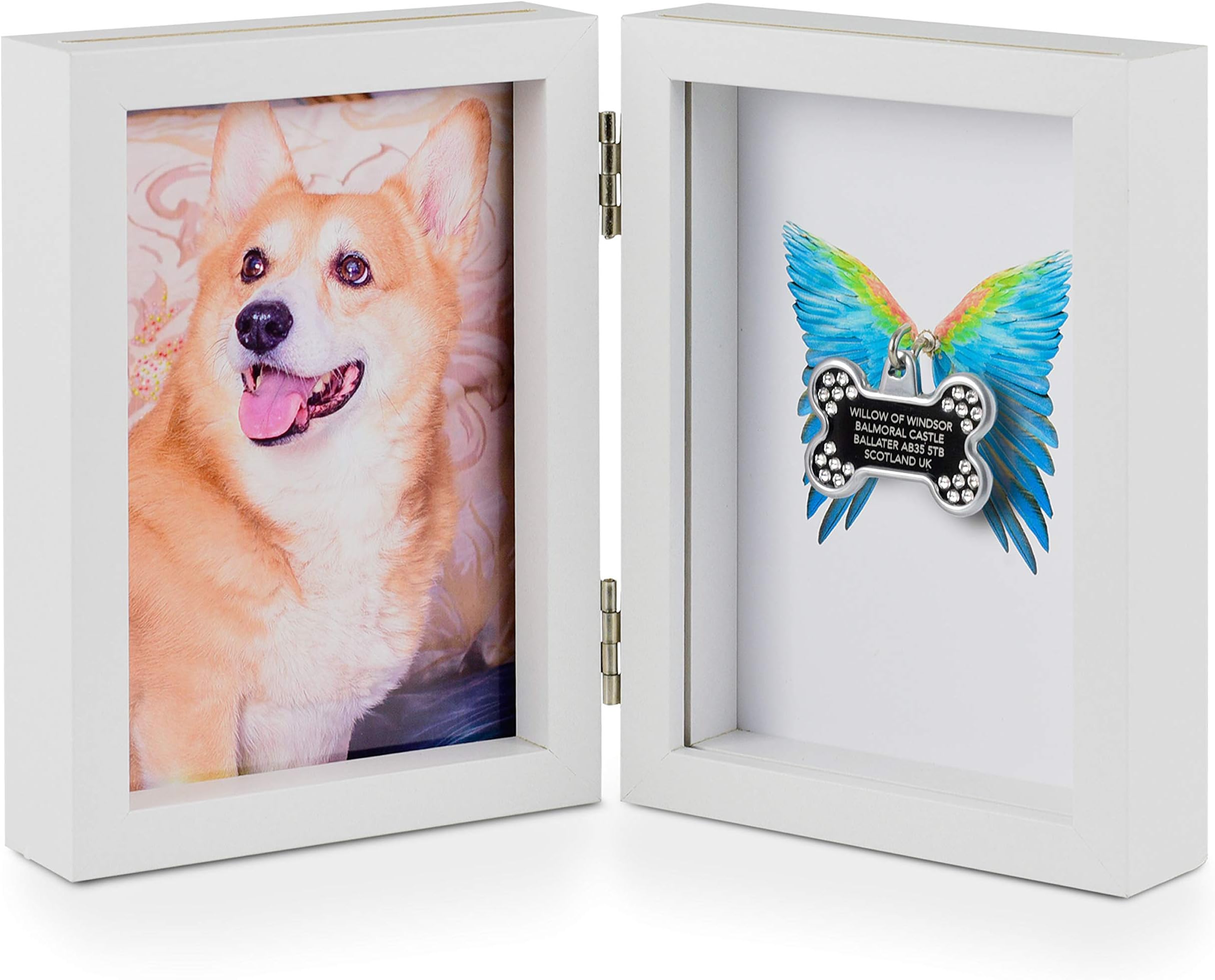 Ever Thine Pet Memorial Picture Frame and Keepsake — White Frame (4x6) and Display for Pet's ID Tag/Memento — Beautiful Dog Memorial Gift