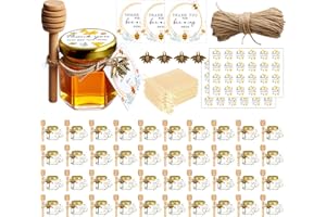 Adabocute Honey Pot, Mini Honey Jars with Wood Dipper, Gold Lid, Bee Pendants, Beige Gift Bags, Thanks for Beeing Here Tags, 
