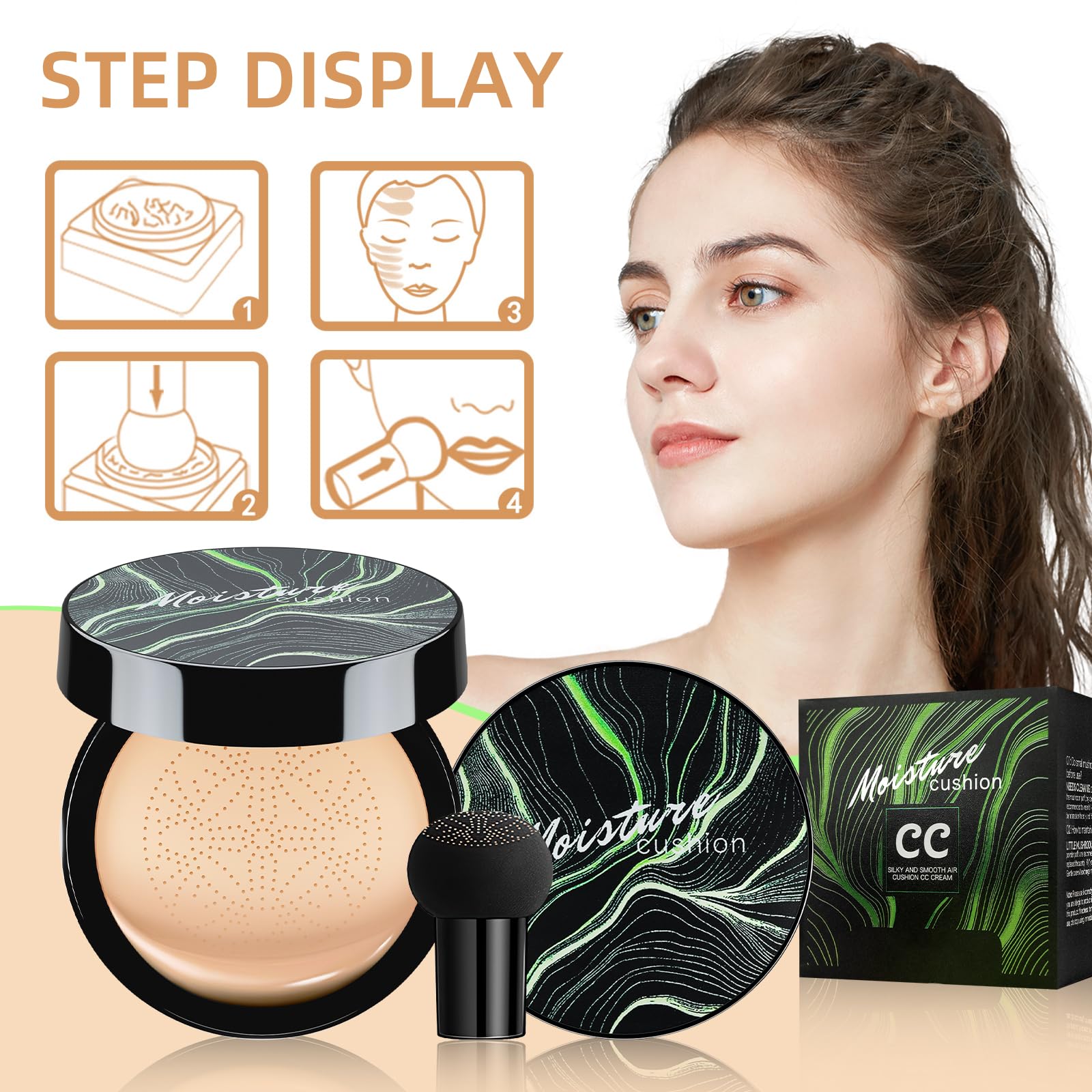 Mushroom Head Air Cushion CC Cream - BB Cream Foundation Makeup Moisturizing Concealer Long-Lasting, Cushion Foundation Full Coverage Self Adjusting for Mature Skin & All Skin Types (Natural)