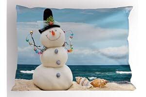 Ambesonne Snowman Pillow Sham, Winter Vacation Holiday Theme Figure Seashells Sitting on Sandy Beach Coastal, Decorative Standard Size Printed Pillowcase, 26" X 20", Blue Sand