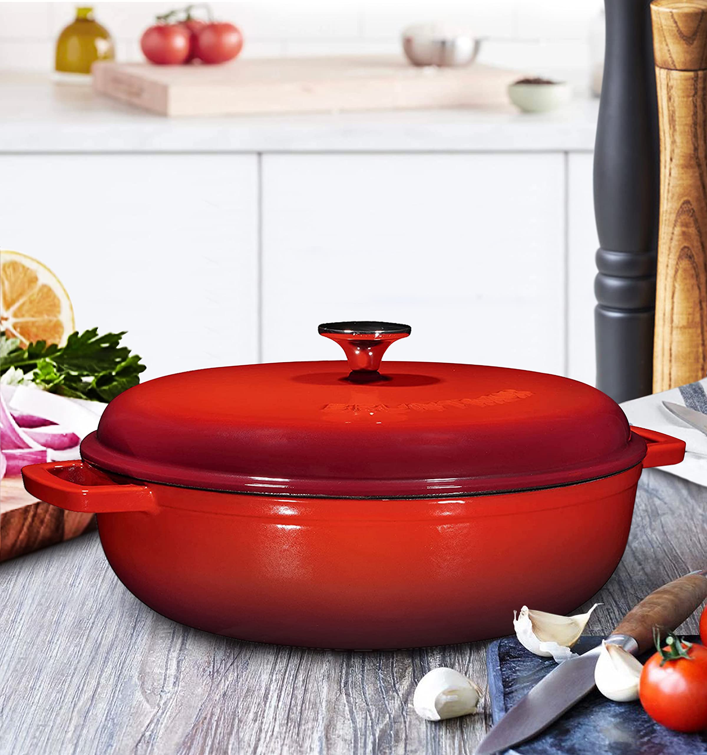 Bruntmor 4.5 Quart Pre-seasoned Enameled Cast Iron Dutch Oven With Dual Handles And Lid, Red Cast Iron Skillet, Shallow Cookware Braising Pan For Cast Iron Casserole Dish, Crock Pot Covered