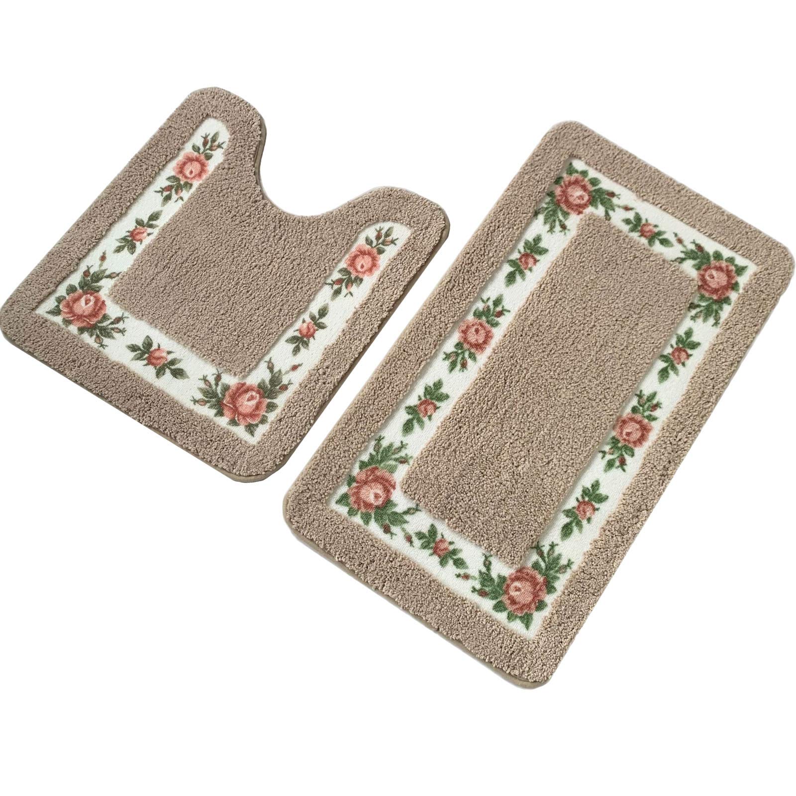 UKELER Bathroom Rugs Floral Rose Bath Mat Set of 2 Non Slip Bath Rugs Soft Shaggy U-Shaped Contour Toilet Rug for Bathroom, Mocha