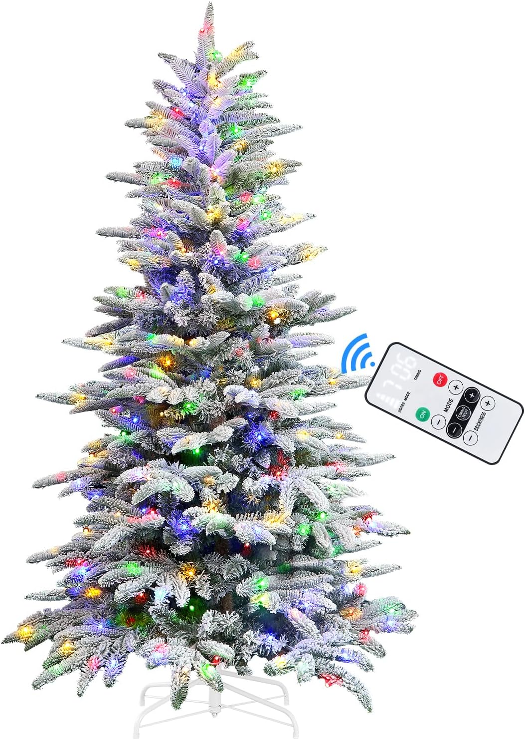 Trees - Alupssuc 6ft Prelit Artificial Hinged Snow Flocked Christmas Tree, Warm White&Multi-Color Lights with Remote Control, Multi-layered Branch Tips, Foldable Metal Stand for Pre-lit X-mas Decoration, 6 FT
