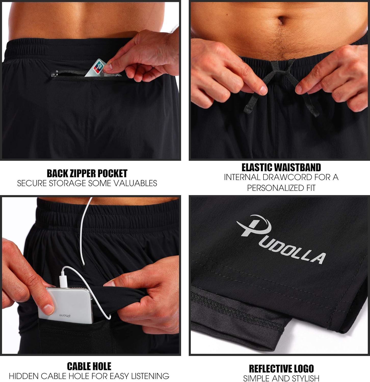 Pudolla Men’s 2 in 1 Running Shorts 5" Quick Dry Gym Athletic Workout Shorts for Men with Phone Pockets: Clothing