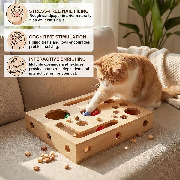 CAT NAIL FILE SCRATCH ENRICHMENT BOX,ADVANCED CAT SCRATCH PUZZLE ENRICHMENT MAZE BOX, NAIL FILE STRESS FREE CAT SCRATCHER FOR INDOOR CATS,WITH SANDPAPER AND 3 BELL BALLS