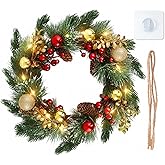 DomeStar Christmas Wreath with Lights, 20 Inch Waterproof Large Battery Operated Wreath with Golden Balls Pine Cones Red Berries Clusters Frosted for Home Porch Wall Door Decor