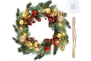DomeStar Christmas Wreath with Lights, 20 Inch Waterproof Large Battery Operated Wreath with Golden Balls Pine Cones Red Berries Clusters Frosted for Home Porch Wall Door Decor