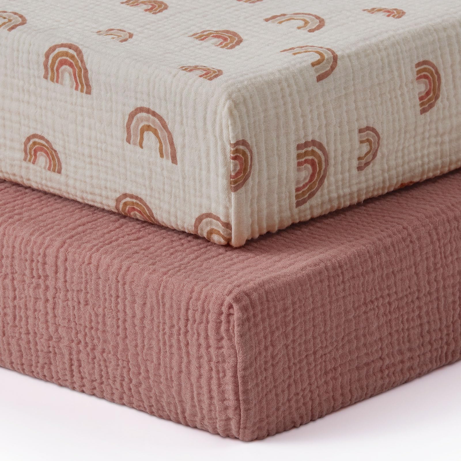 Photo 1 of Blissful Diary Muslin Crib Sheets for Girl Boy, Boho Neutral Soft Cotton Baby Sheet for 52''x28'' Standard Crib Mattress, 2 Pack(Dusty Pink&Rainbow)