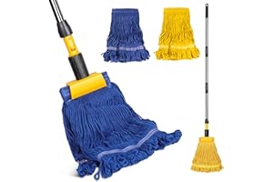 Kphico Looped-End String Mop,Heavy Duty Commercial Mop with 2 Extra Mop Heads Replacement,57 inch Stainless Steel Pole,Industrial Grade Jaw Clamp Floor Cleaning,Blue/Yellow