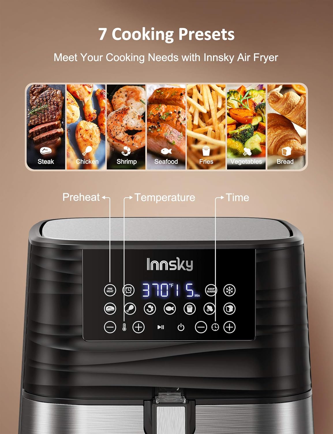 Innsky Air Fryer XL, 5.8 QT, 1700W Electric Stainless Steel Hot Air Fryers Oven for Roasting/Baking/Grilling, LED Touch Digital Screen with 7 Cooking Presets, Preheat& Keep Warm, Appointment & Nonstick (32 Recipes): Kitchen & Dining