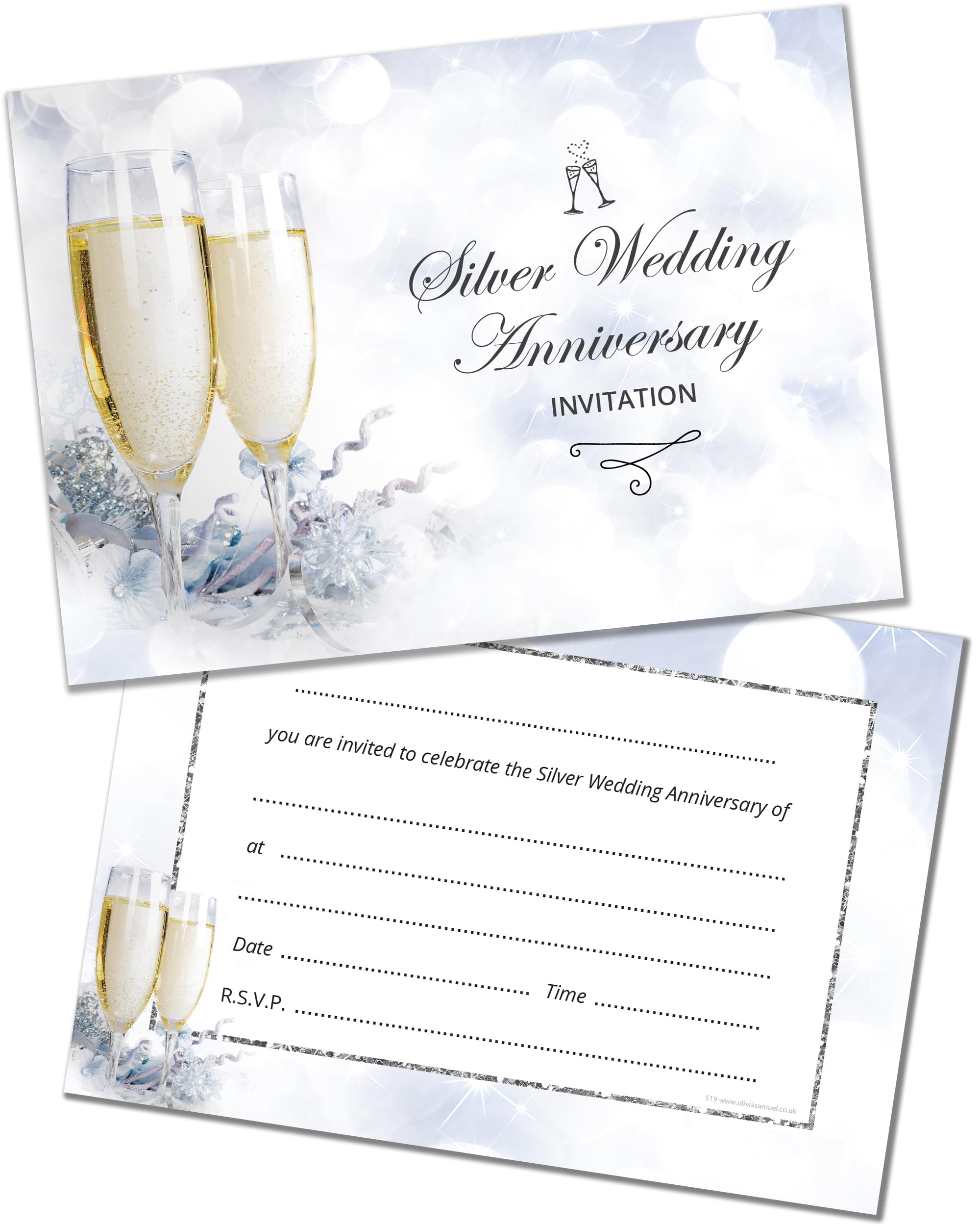 Olivie Samuel 20 x Silver Wedding Anniversary Invitations – Ready to Write with Envelopes – Champagne 25th Anniversary – Designed and Printed in the UK