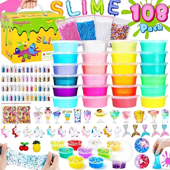 Slime Kit, Theefun Slime 108PCS, 24 colores slime para niñas niños, Fabrica de slime con Polvos Brillantes, Bolas de Espuma, Regalo de cumpleaños, el día del niño, Día de los tres Reyes,