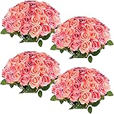 50 Pcs Artificial Light Pink Rose and Pink Champagne Roses 2 Mixed Colors Faux Silk Rose with Long Stem Realistic Roses Fake Flowers Bouquet for Wedding Centerpiece, Valentines, Mothers, Home Decor