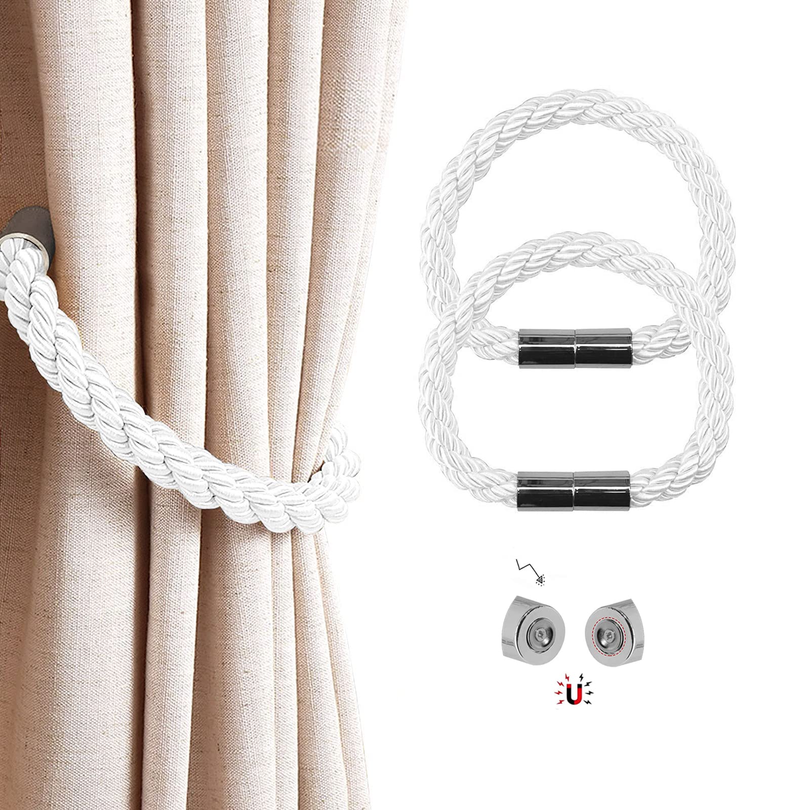 Magnetic Curtain Tie Backs, 2 Pack Braided Rope Curtain Holdbacks with Strong Magnet, 22 Inch Holder Decoration for Thin or Thick Home and Office Curtains, White — image 1