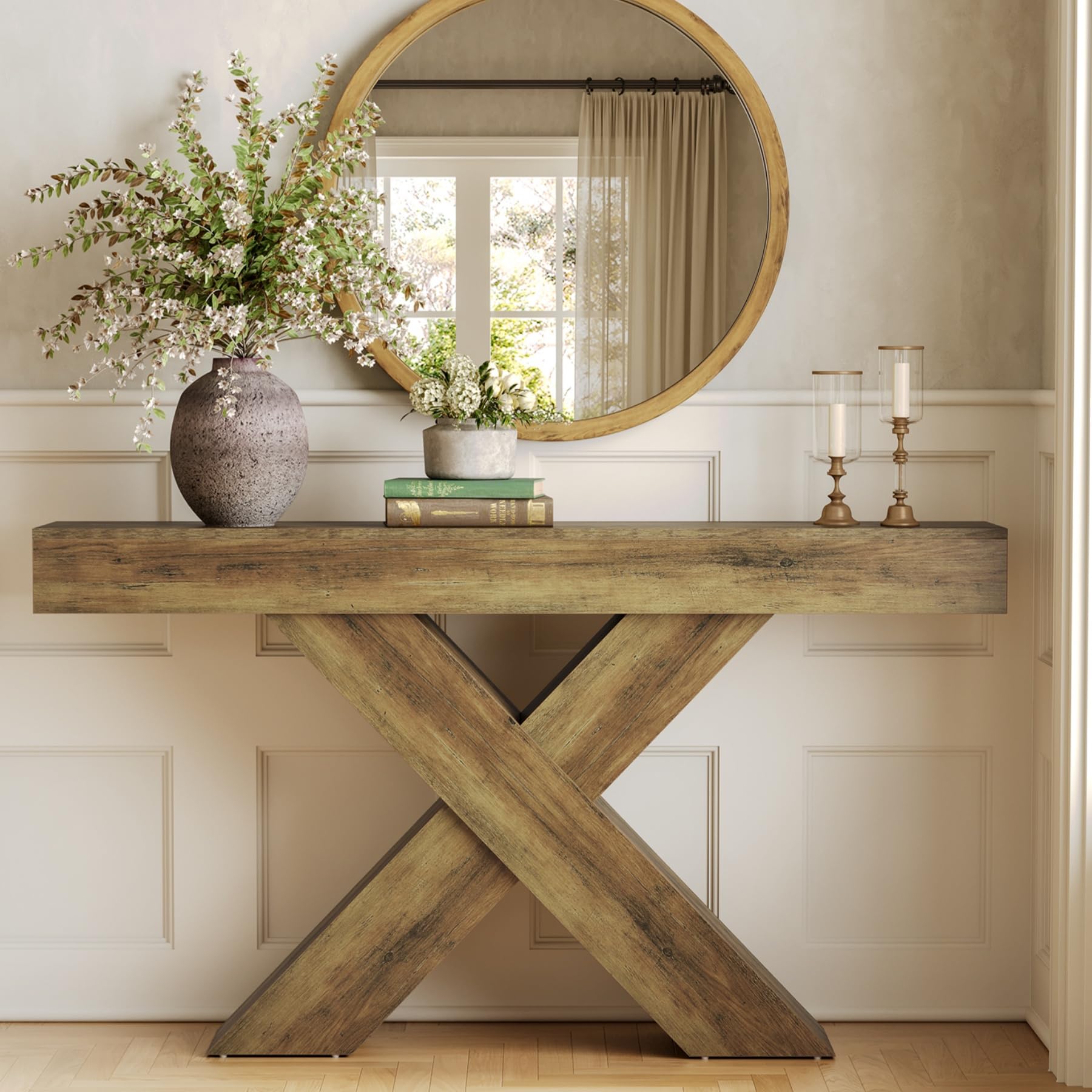 Photo 1 of LITTLE TREE Narrow Console Table, 55-Inch Farmhouse Entryway Table, X-Shaped Couch Table Behind Sofa for Living Room, Entryway, Entrance, Foyer, Hallway, Rustic Brown