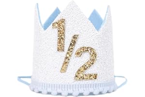 WAWUO White Glitter 1/2 Birthday Crown - Boys 1/2 Birthday Party Decorations,Blue Half Birthday Party Crown,White Half Way To One Hat Photo Props,Boy Six Months Blue Glitter Birthday Crown