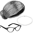 Cooraby 3 Piece 100 Days of School Grey Wig Grandma Wig Glasses Artificial Pearl Necklace Fancy Granny Costume Set