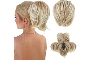 HOOJIH Messy Bun Hair Piece, Claw Clip in Straight Hair Bun 9 Inch Short Ponytail Extension with Bendable Metal Wire Hair Pieces for Women Fake Hair Bun - Deep Blonde with Light Blonde Tails