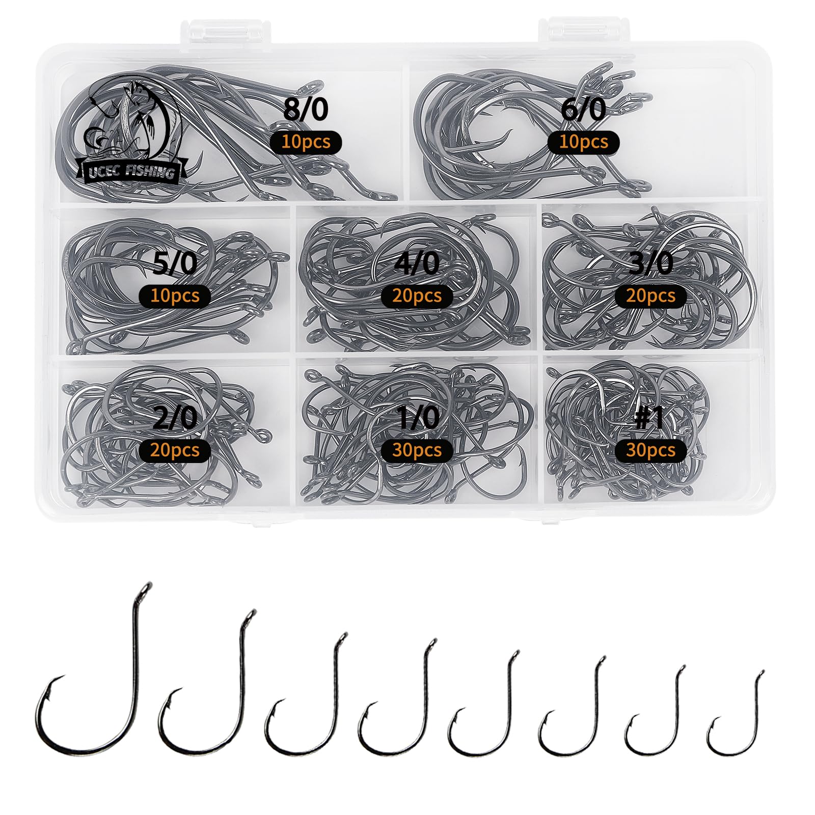 Photo 1 of UCEC Circle Hooks Fishing Hooks 2X Strong Offset Circle Hooks Saltwater Black High Carbon Steel Octopus Catfish Fishing Hooks Fishing Gear Tackle 150pcs/ 240pcs - Size:#1 1/0 2/0 3/0 4/0 5/0 6/0 8/0