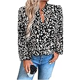 WDIRARA Women's Plus Size Floral Print V Neck Blouse Puff Long Sleeve Casual Shirts