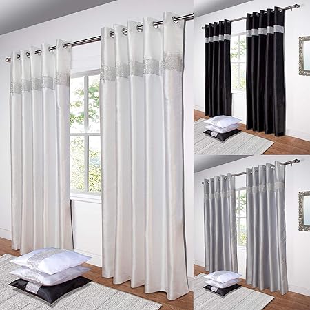 John Aird Diamante Fully Lined Faux Silk Eyelet Curtains White
