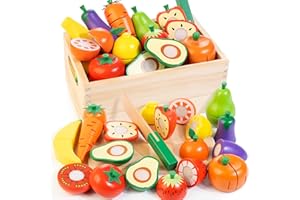 WOODMAM Wooden Play Food for Toddlers, Fruit and Veggies Cutting Set for Kids, Pretend Food Play Kitchen Accessories for 3 4 5 6 7 Years Old Boys & Girls