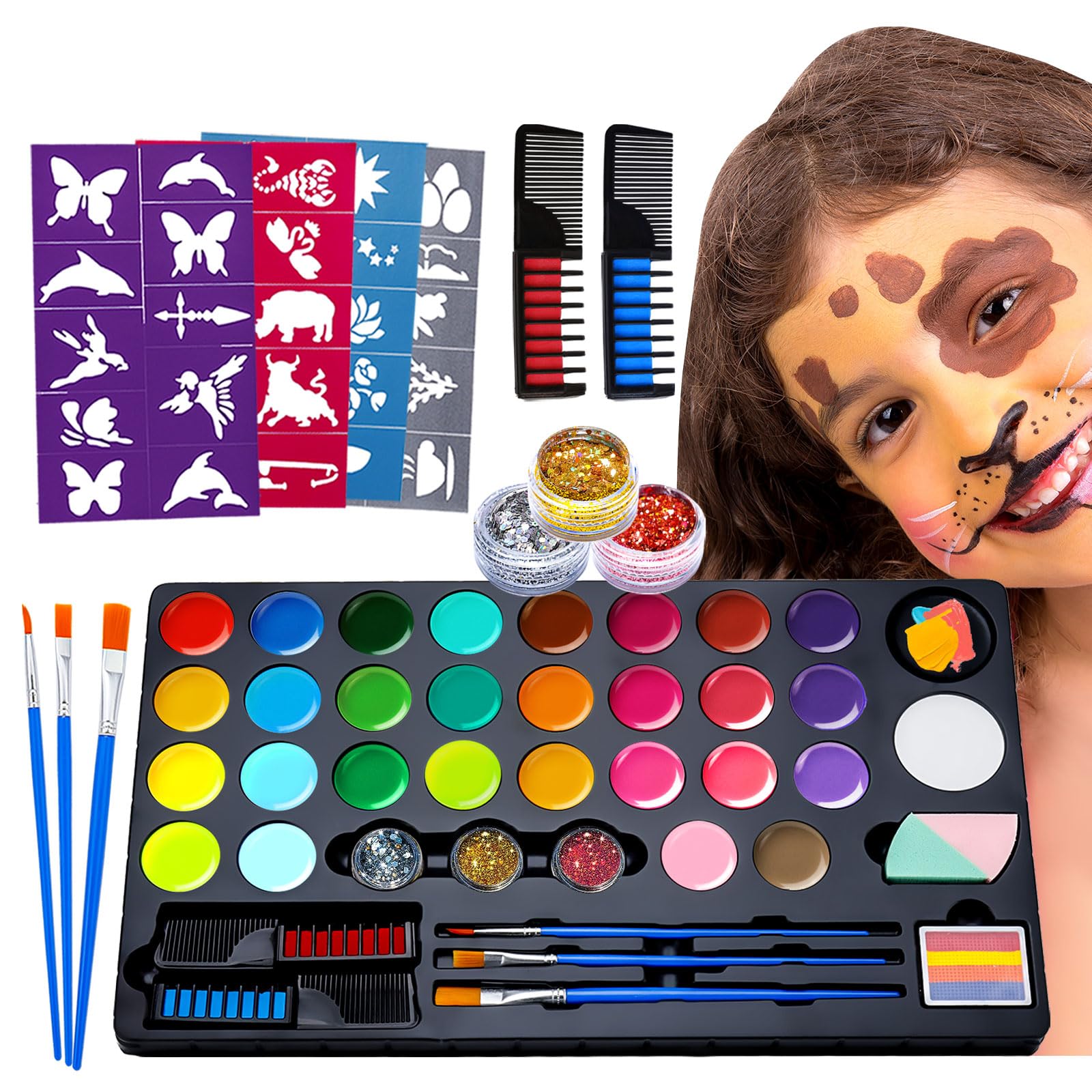 Photo 1 of 30 Colors Face Paint Kit, Reusable Water Based Body Paints Palette with Brushes and Face Painting Stencils for Kids and Adults Professional Halloween Cosplay and Parties Make-up Kit