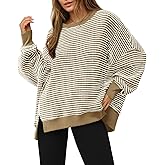Fisoew Women's Oversized Sweatshirt Waffle Knit Striped Long Sleeve Crewneck Casual Loose Pullover Tunic Tops Khaki