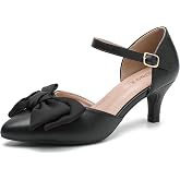 MAIERNISI JESSI Women's Kitten Heel Pumps with Bow, Ankle Strap, Pointed Toe, D'Orsay Style